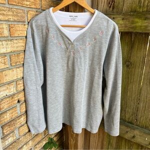 Gray Long Sleeve Top with Candy Cane Embroidery